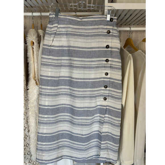 Cynthia Rowley Women's Size M Blue & White Striped 100% Linen Midi Skirt #0470 - Picture 1 of 10